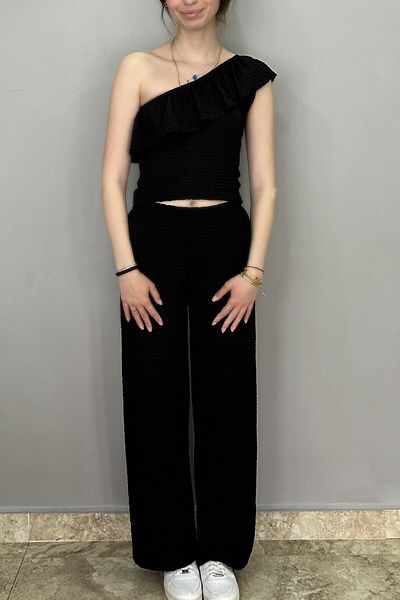 Tam Moda Women's Black Color One Shoulder Blouse - Pants Set