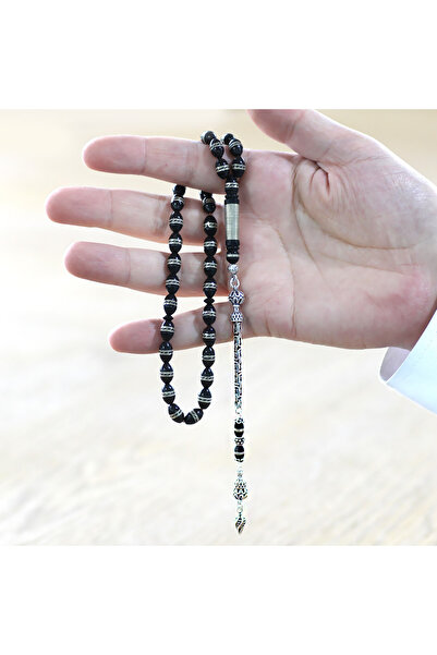 Tesbihane Ασημένια 925 χάντρα προσευχής Kuka, διπλής σειράς, με κουλουριασμένο μεταλλικό κέντημα, κομμένη σε σχήμα κριθαριού, με φούντες από αλυσίδα King Chain