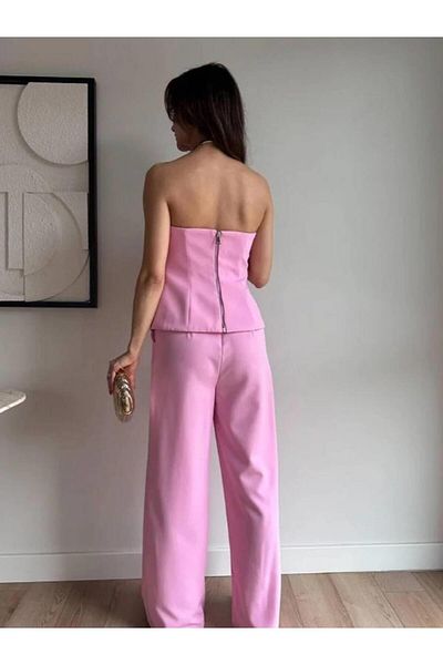 Coral Back Zipper Strapless Blouse Trousers Suit Pink