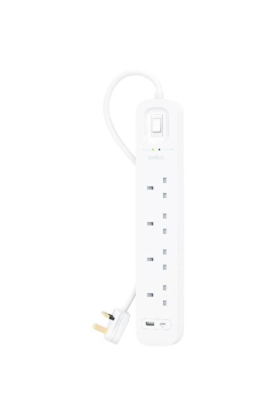 Belkin واقي من زيادة التيار + شاحن USB بأربعة منافذ ومنفذين (منفذ USB واحد/منفذ USB-C واحد) بطول 2.00 متر (6.56 قدم)