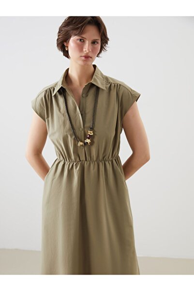 LC Waikiki Lcwaikiki Classic Green Shirt Collar Poplin Dress