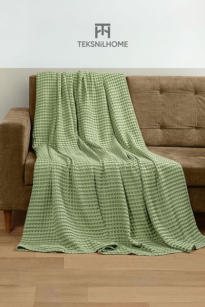 TeksNil Home |   100% Cotton Waffle Pattern Single Green Pique |   Bedspread |   160 X 230 |   Multi-Purpose Cover