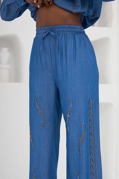 MİA NOURA PANTALON DE DENIM TANSEL FEMEIE CU Mărgele Brodate în față