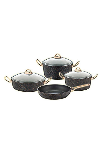OMS AVANGARDE- 7 قطع - بيو جرانيت - مجموعة أواني الطبخ والمقالي، خط ذهبي أسود...