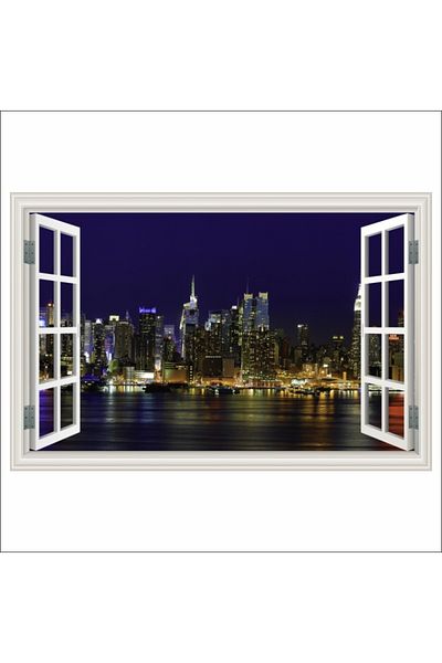 media Fototapet de perete autoadeziv si lavabil Fereastra Manhattan, New York noaptea, 150 x 100 cm