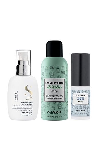Alfaparf Milano Set Fluid Strălucitor Diamant, Șampon Uscat Style Stories 200ml, Pudră Style Stories 8g