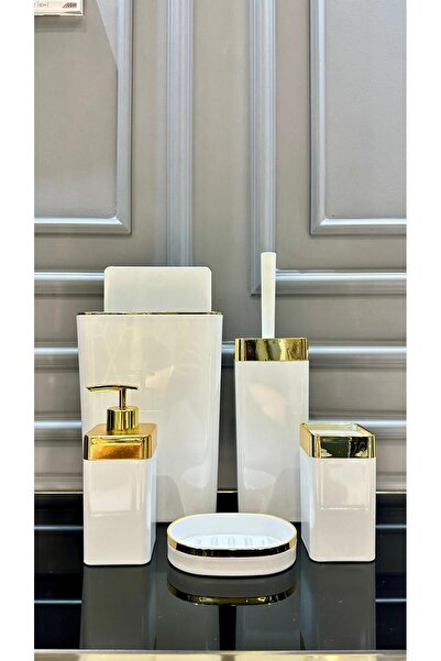 Genel Markalar 5 Parça Akrilik Beyaz Gold Kare Banyo Seti Fırçalık Sabunluk SETİ