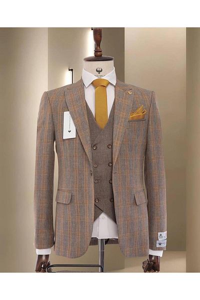 marco mılano Men's Suit, 3 Pieces, Slim Fit, Brown Checkered, Waist 1