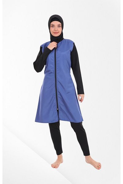 Pajama Shop Women's Black Blue Full Covered Front Zipper Quick Dry Dense Woven Fabric Long Sleeve Banded Swimsuit