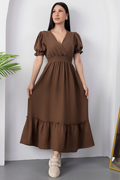 PULLIMM Double Breasted Collar Waist Gipeli Short Sleeve Dress Dks1292