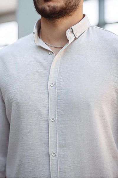 Valiberta Pera Fabric Linen Look Half Oversize Long Sleeve Men's Shirt - Stone