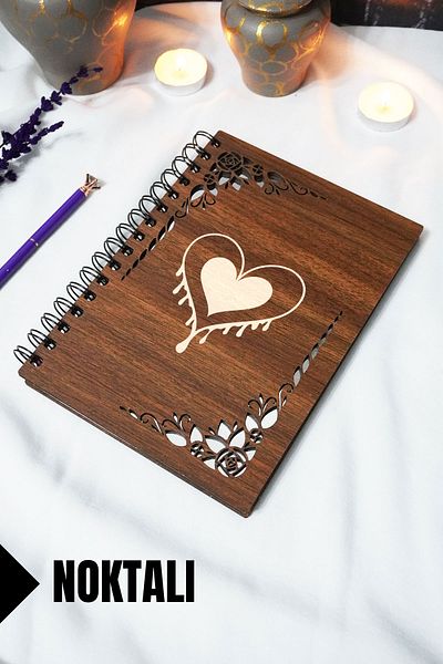 markcat Heart Wooden Cover Notebook - Dotted Notebook - 60 Sheets (120 Pages) - A5 15X21 cm
