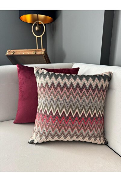 ref crea Marea Zigzag Patterned Woven Throw Pillow Cover Claret Red