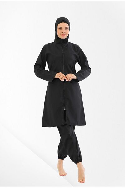 Pajama Shop Women's Black Full Covered Front Zipper Quick Dry Dense Woven Fabric Long Sleeve Checkered Swimsuit