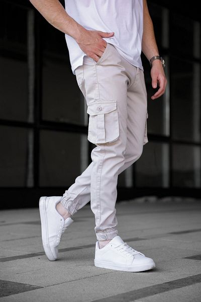 Pobudo Gabardine Fabric Stone Color Men's Trousers with Cargo Pockets