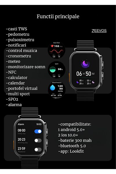 zeevos n22 smartwatch with built-in Bluetooth headphones, NFC, Bluetooth call, notifications,