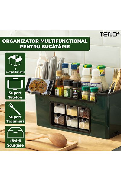 Teno Organizator Multifunctional pentru Bucatarie Teno®, 6 Compartimente, raft condimente, verde