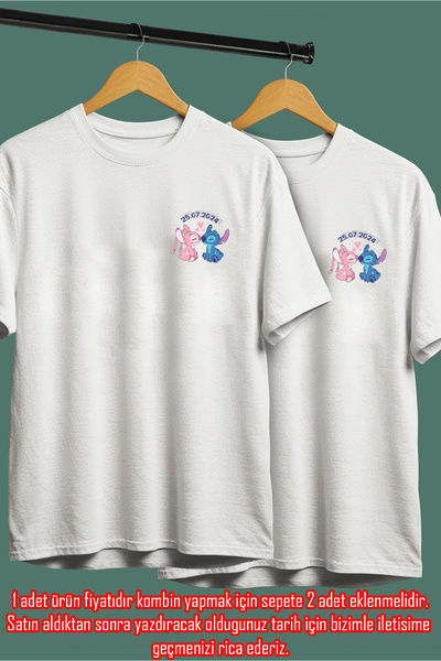 VİZYON İKRA Kişiye Özel Stitch Tarih Baskılı Sevgili Kombini Sevgiliye Hediye Unisex T-shirt/Tişört