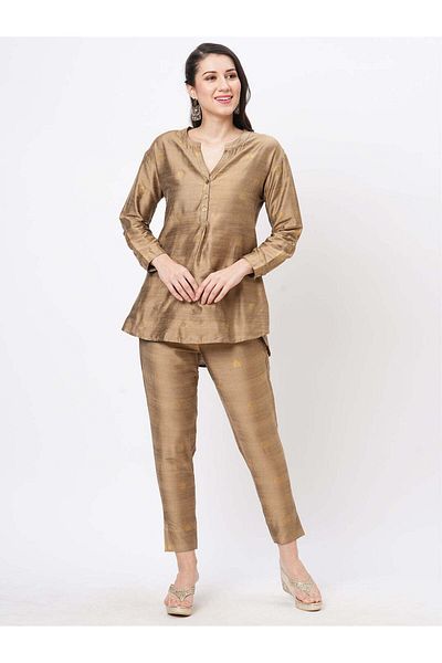 HashtagBe Rich gold tunic set with gold butti printed all over