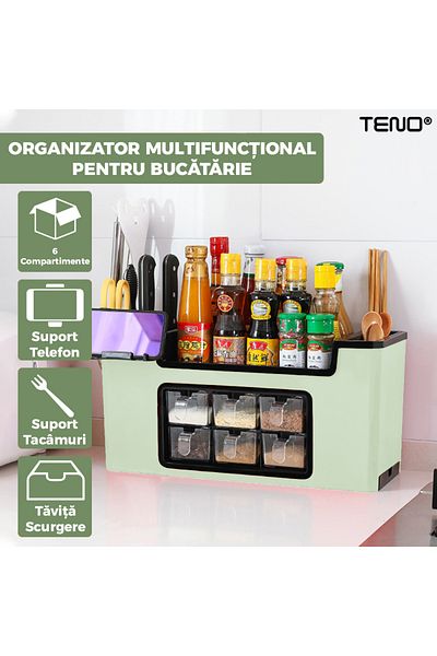 Teno Organizator Multifunctional pentru Bucatarie Teno®, 6 Compartimente, raft condimente, verde deschis