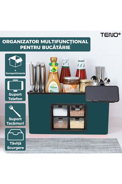 Teno Organizator Multifunctional pentru Bucatarie Teno®, 4 Compartimente, raft condimente, verde inchis