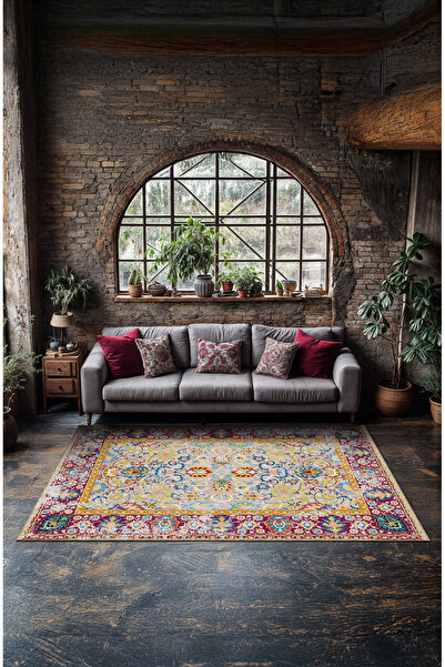 BigArts Home Makinede Yıkanabilir Kaymaz Taban Leke Tutmaz Çiçekli Salon Halı...