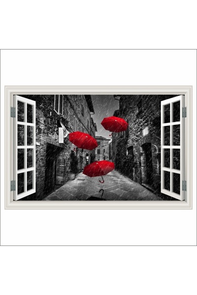 media Αυτοκόλλητη φωτοταπετσαρία Window Tuscan street, κόκκινες ομπρέλες, ασπ...