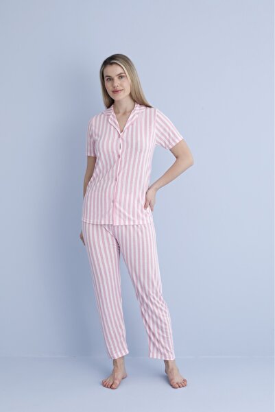 PİJART Pink Striped Buttoned Viscose Pajama Set