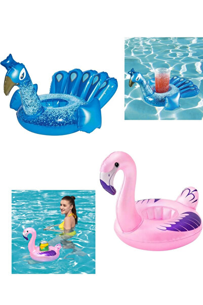 ÖZ OFİS 2'li Flamingo & Tavus Kuşu Tasarımlı Şişme Bardak Tutucu Bardaklık Ha...
