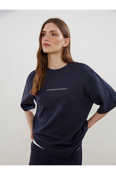 LC Waikiki Navy Blue Crew Neck Printed Oversize Women's T-Shirt