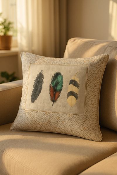 HİG HOME Natural Feather Patterned Throw Pillow Case – Classic Framed Design