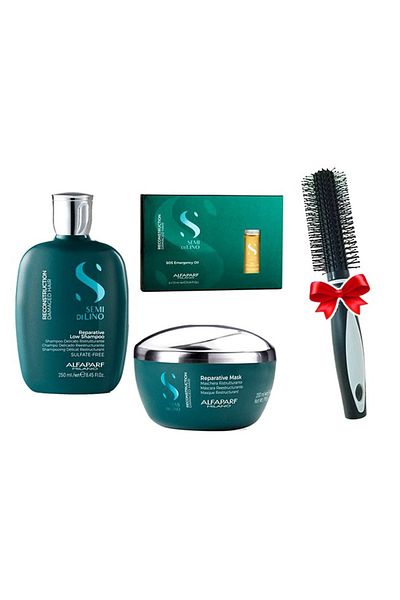 Alfaparf Milano Set Reconstrucție Alfaparf Semi Di Lino: Șampon 250ml + Mască 200ml + Ser 6x13ml + Perie de păr
