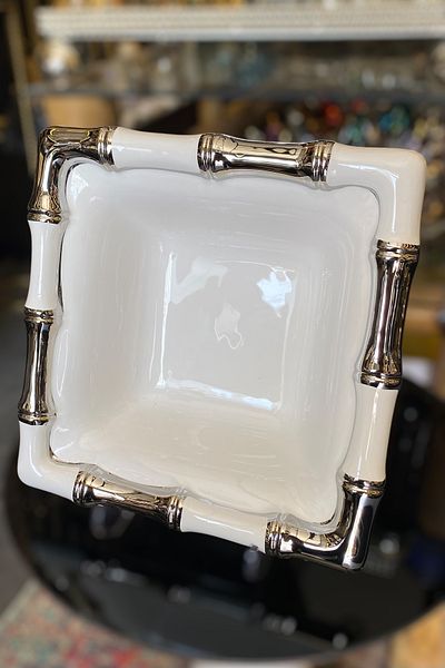 LEMİ DEKORASYON Silver Detailed Porcelain Square Bamboo Cake Serving Plate-Fruit Bowl 28 X 28 X 8 cm