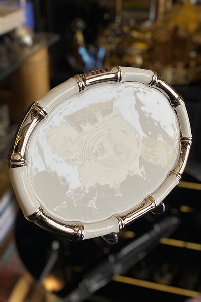 LEMİ DEKORASYON Silver Detailed Porcelain Oval Bamboo Cake Presentation Plate 38 X 27 cm