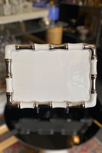 LEMİ DEKORASYON Silver Detailed Porcelain Rectangular Bamboo Cake Presentation Plate 35 X 25 cm