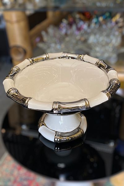 LEMİ DEKORASYON Silver Detailed Porcelain Bamboo Cake Presentation Plate - Fruit Bowl 28 X 28 X 17 cm