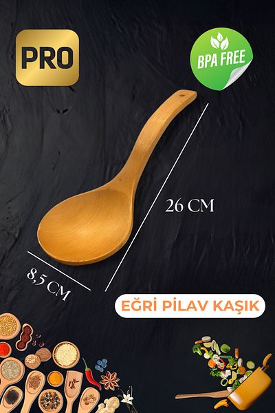 Ülgenev 1 Piece 26 cm Varnished Natural Bamboo Curved Large Spoon – Perforated, Ergonomic, Non-Slip Wooden Spoon
