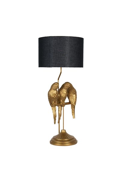 Clayre & Eef Golden polyresin lamp with black textile lampshade Papagali 33x79 cm