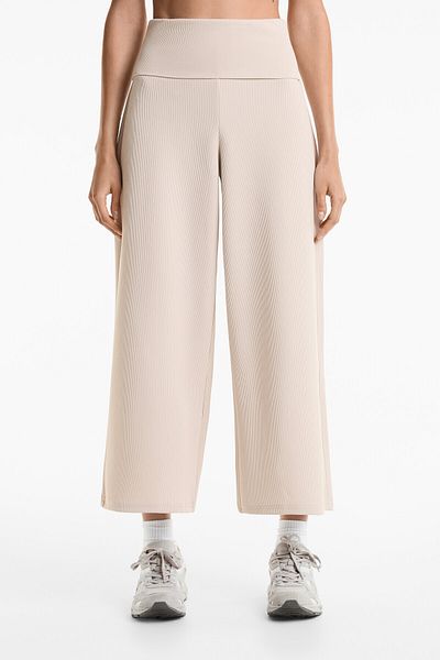 Oysho Foldover waist rib wide-leg trousers
