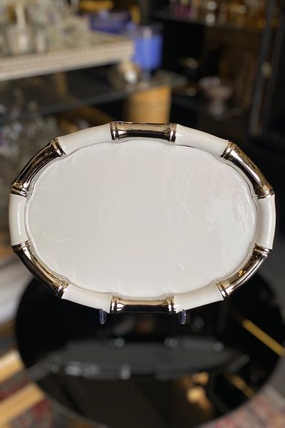 LEMİ DEKORASYON Silver Detailed Porcelain Oval Bamboo Cake Presentation Plate 38 X 27 cm