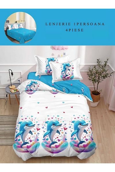 CHIRASO CHIRASO Finet 4-Piece Children's Bedding Set, 155x220 cm, Dolphin Print, blue
