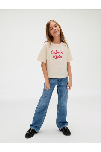 Calvin Klein Girls Beige Boxy Metallic Logo Short Sleeve T-Shirt