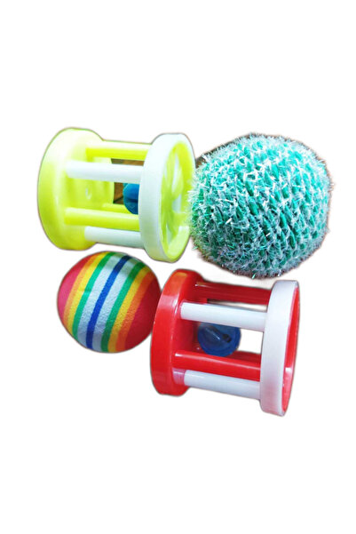 Ropet Set 4 piese, jucarii pentru pisici, 2 mingiute si 2 role cu clopotei, 3.5-4cm, Ropet