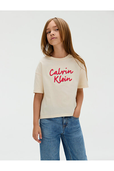 Calvin Klein Girls Beige Boxy Metallic Logo Short Sleeve T-Shirt