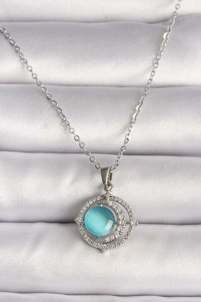 merland benvecocuk 316L Steel Silver Color Zircon Stone Blue Pearlescent Crescent Model Women's Necklace - Lisinya