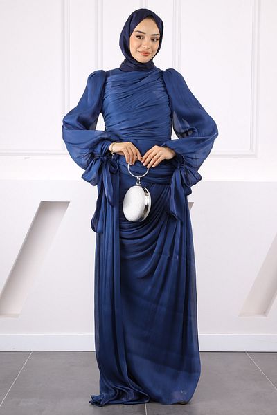 İmajButik Βραδινό φόρεμα σιφόν μπλε Navy με στολισμένο μπροστινό μέρος