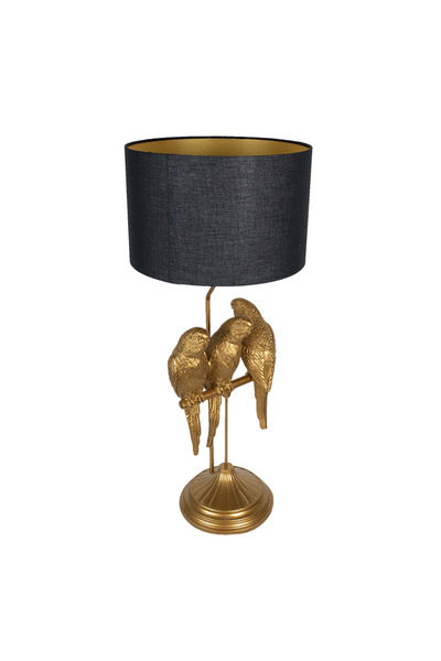 Clayre & Eef Golden polyresin lamp with black textile lampshade Papagali 33x79 cm