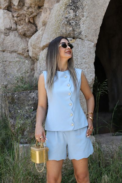 bytugcekaya Blue Linen Star Buttoned Vest Shorts Set