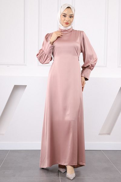 İmajButik Βραδινό φόρεμα Dusty Rose με μανικετόκουμπα και ζώνη μέσης