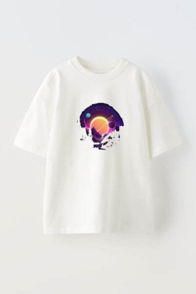 Anetos Tricou oversized alb din bumbac cu imprimeu pe față Saturn între munți